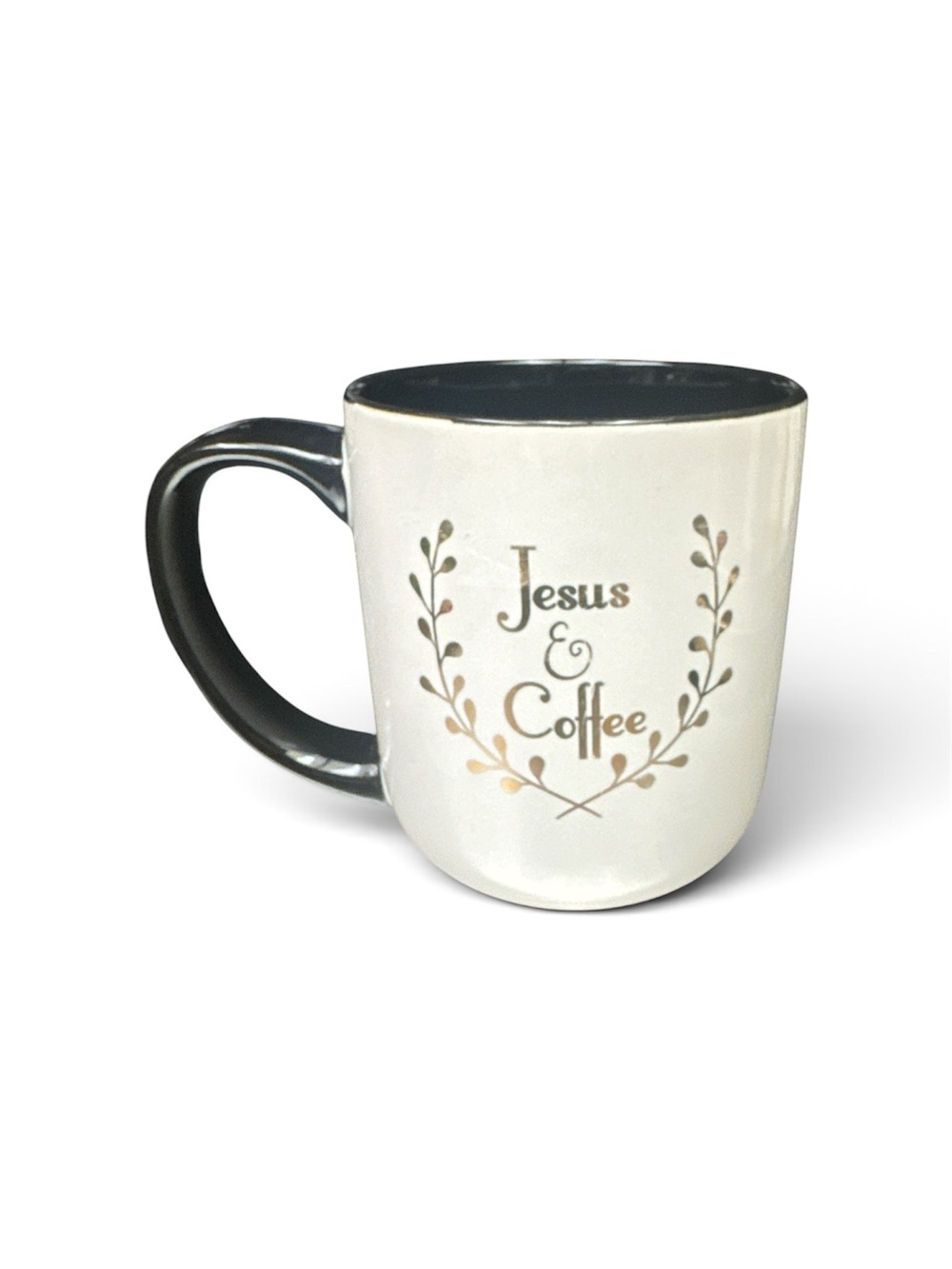 Jesus & Coffee Ceramic Mug - White with Black Interior and Handle